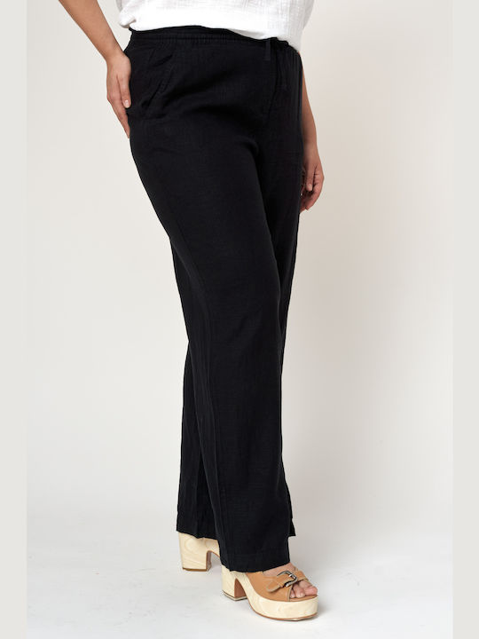 Jucita Women's Linen Trousers with Elastic in Straight Line Black