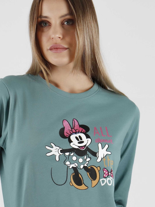 Disney Χειμερινό Γυναικείο Σετ Πιτζάμας Βαμβακερό Τιρκουάζ