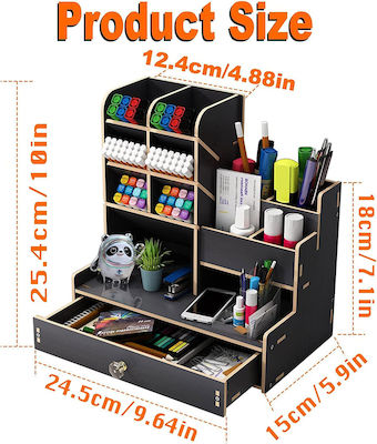 KONAMO - Wooden Desk Organizer Large Capacity | Pens Cabinet, with various compartments for office supplies - with Drawer | For desk, school supplies etc. (Black-1)