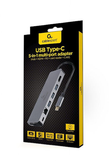 Cablexpert USB-C Docking Station με HDMI 4K PD Ethernet Γκρι (A-CM-COMBO5-05)