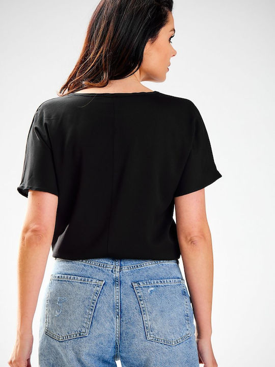 Awama Damen Sommer Bluse Kurzärmelig Schwarz