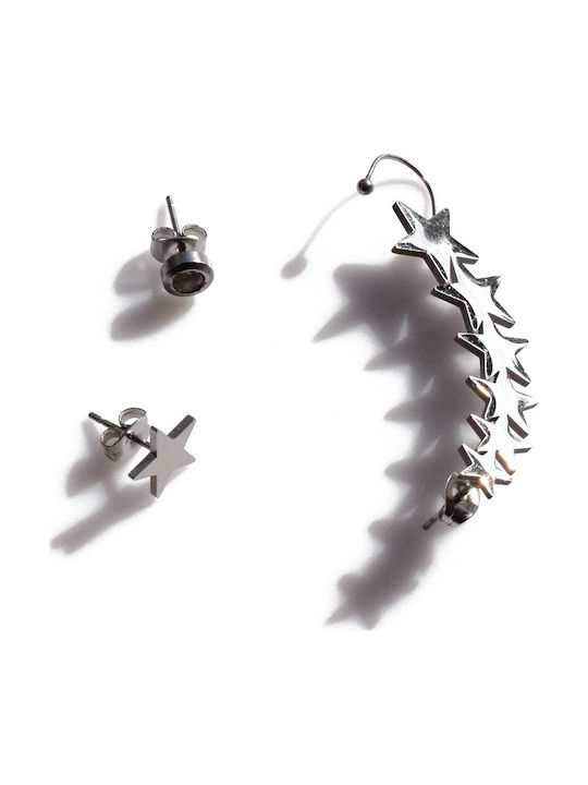 Bizoutaki Σετ Σκουλαρίκια Ear Climbers από Ατσάλι με Πέτρες