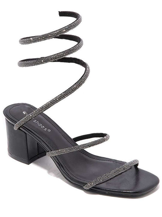 Keep Fred Synthetic Leather Women's Sandals with Strass Black with Chunky Medium Heel