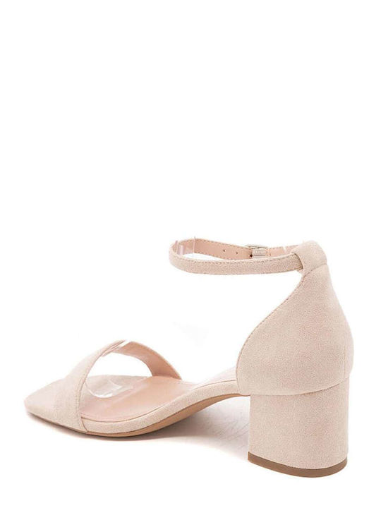 Keep Fred Suede Women's Sandals with Ankle Strap Beige with Thin Medium Heel HIL-014-BEIGE.S