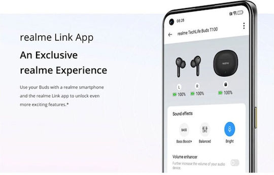 Realme Buds T100 Bluetooth Handsfree Earphones with Sweat Resistance and Charging Case White