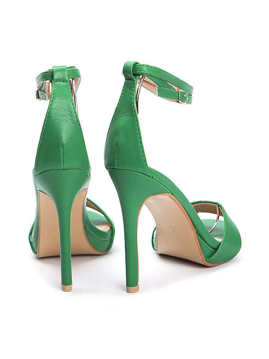 Keep Fred Synthetic Leather Women's Sandals with Ankle Strap Green with Thin High Heel