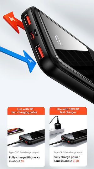 Usams PB58 Power Bank 10000mAh with 2 USB-A Ports and USB-C Port Power Delivery / Quick Charge 3.0 Black
