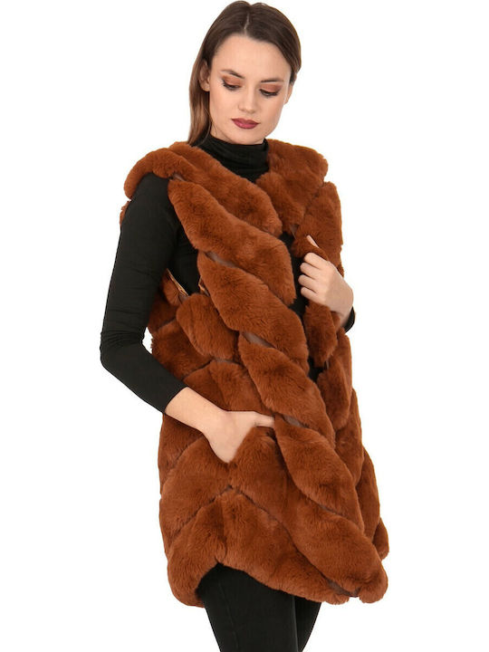 Women's Sleeveless Long Fur Brown