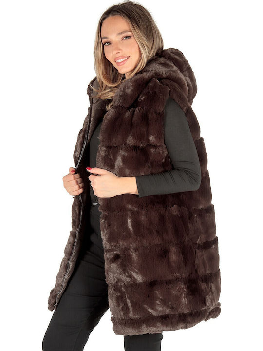 Women's Sleeveless Long Fur Brown