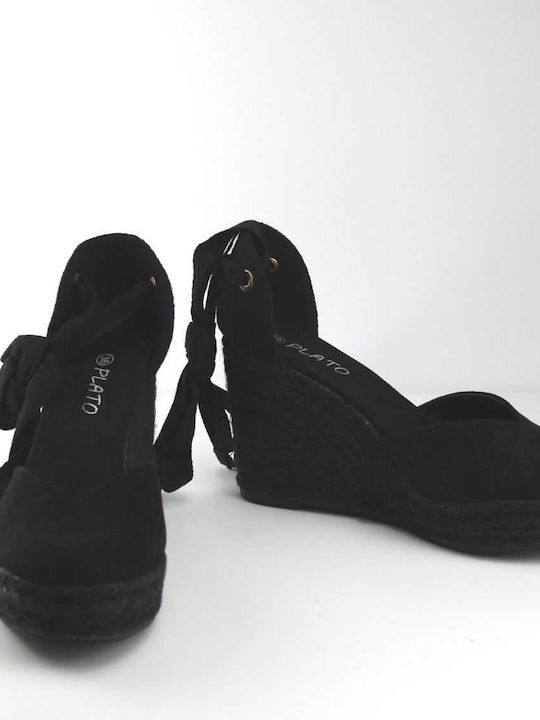 Women's Synthetic Leather Platform Espadrilles Black -BL