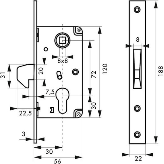 Thirard Recessed Lock with 30mm Center Silver