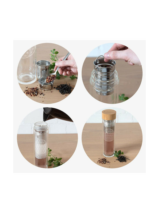 Navaris Flower Life Bottle Water Glass with Screw Cap Transparent 450ml