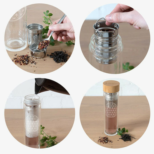 Navaris Flower Life Bottle Water Glass with Screw Cap Transparent 450ml