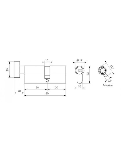 Thirard Lock Cylinder 80mm (50-30) with Knob and 5 Keys Silver