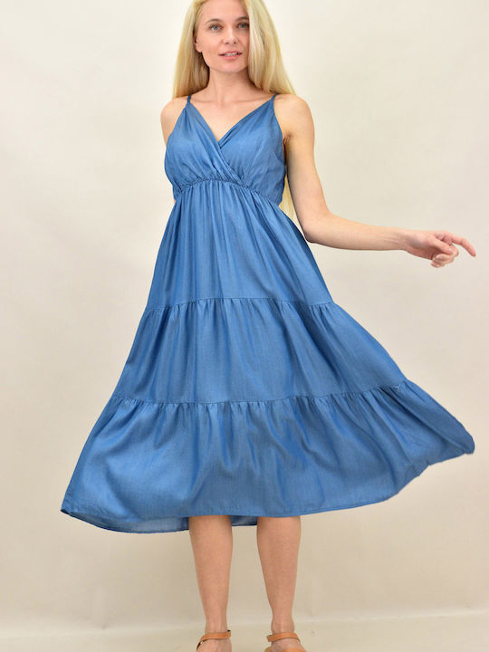 Potre Sommer Midi Kleid Wickel mit Rüschen Blau