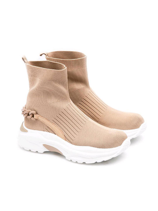 Malesa Chunky Ankle Boots with Socks Beige
