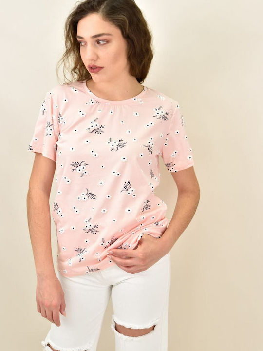 Potre Women's Summer Blouse Cotton Short Sleeve Floral Pink
