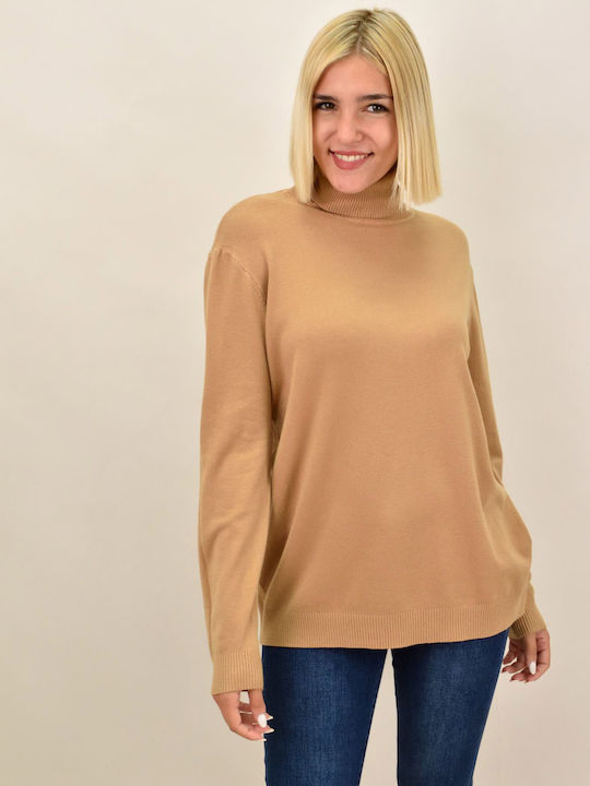 Potre Women's Long Sleeve Sweater Turtleneck Brown