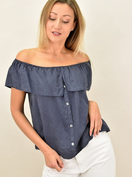 Potre Women's Summer Blouse Off-Shoulder Short Sleeve Navy Blue