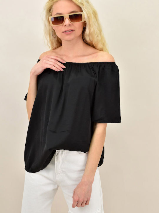 Potre Women's Summer Blouse Cotton Off-Shoulder with 3/4 Sleeve Black
