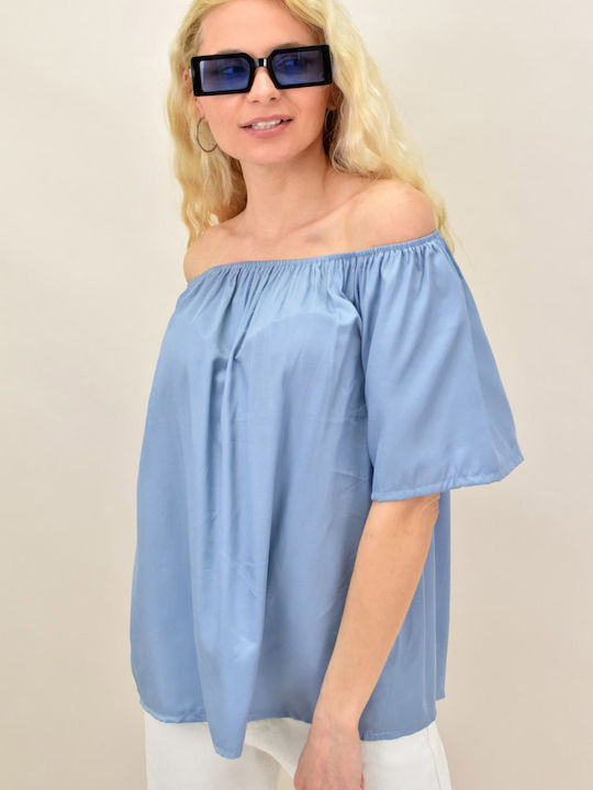 Potre Women's Summer Blouse Cotton Off-Shoulder Short Sleeve Blue