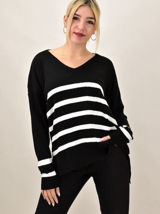 Potre Women's Blouse Long Sleeve with V Neckline Striped Black