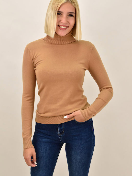 Potre Women's Long Sleeve Sweater Turtleneck Brown