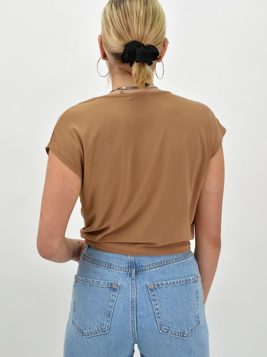 Women's Summer Crop Top Short Sleeve with V Neckline Brown