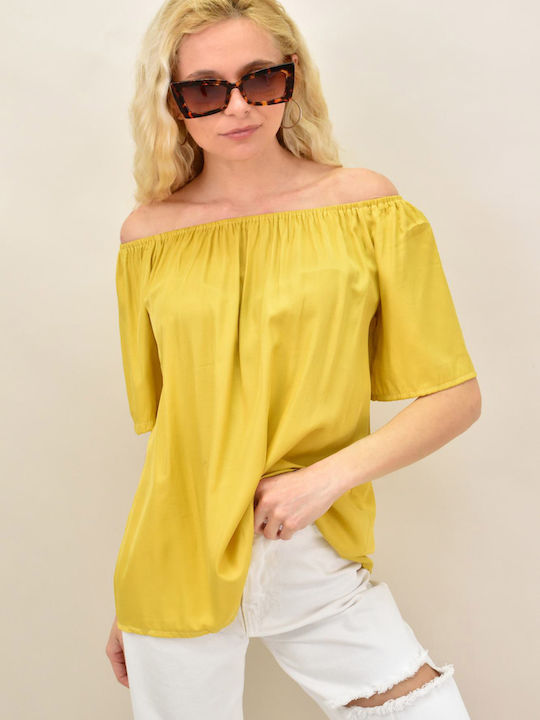 Potre Women's Summer Blouse Cotton Off-Shoulder with 3/4 Sleeve Yellow