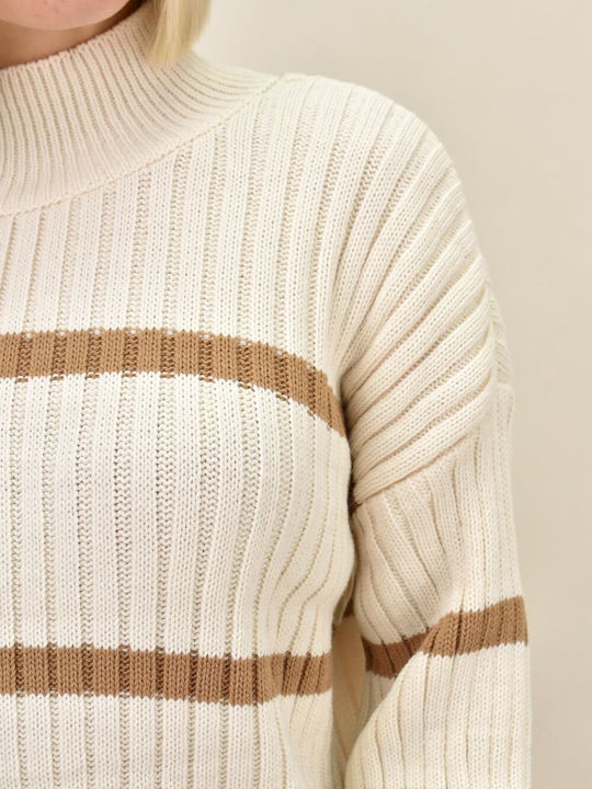 Potre Women's Long Sleeve Sweater Turtleneck Striped Beige