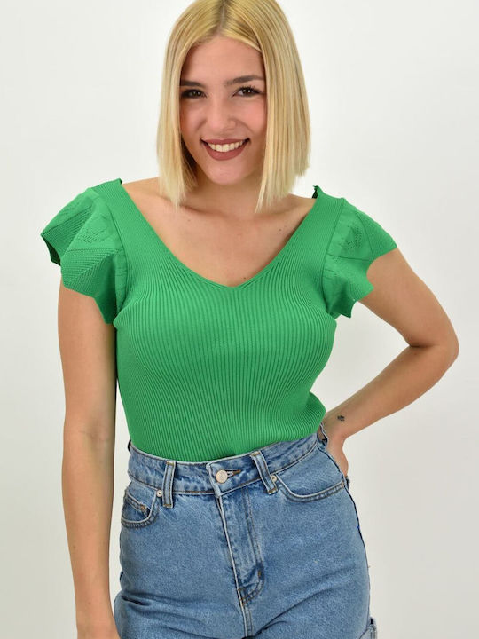 Potre Women's Summer Blouse Short Sleeve with V Neck Green