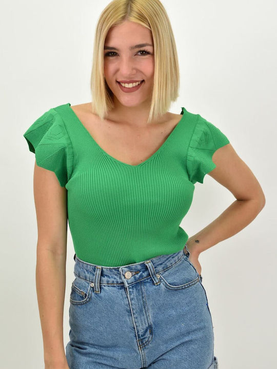 Potre Women's Summer Blouse Short Sleeve with V Neckline Green