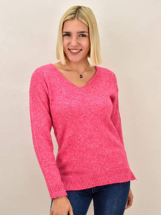 Potre Women's Long Sleeve Sweater Cotton with V Neckline Fuchsia