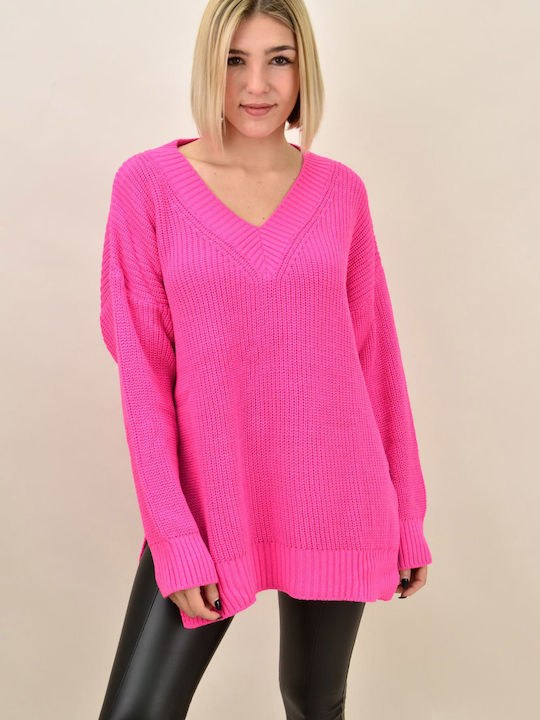 Potre Women's Long Sleeve Sweater with V Neckline Fuchsia