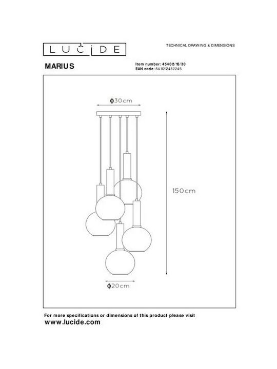 Lucide Lightning Marius Hängend Kronleuchter Kugel für 5 Lampen E27 Schwarz