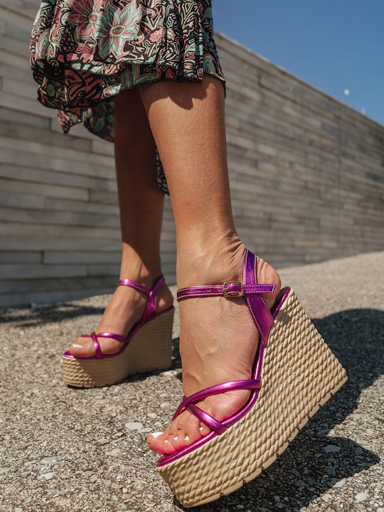 Ligglo Women's Leather Ankle Strap Platforms Fuchsia -FUCHSIA