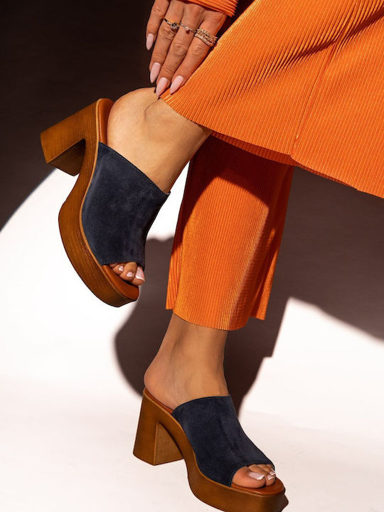 Ligglo Leder Mules mit Chunky Hoch Absatz in Blau Farbe