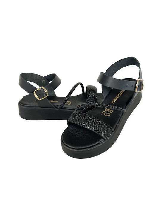 Gkavogiannis Sandals Leather Women's Flat Sandals Flatforms in Black Color