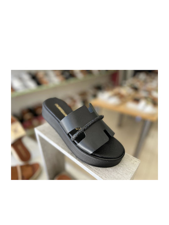 Gkavogiannis Sandals Leather Women's Flat Sandals Flatforms in Black Color