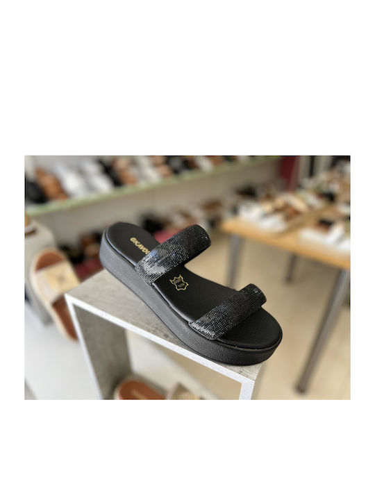 Gkavogiannis Sandals Leather Women's Flat Sandals Flatforms in Black Color