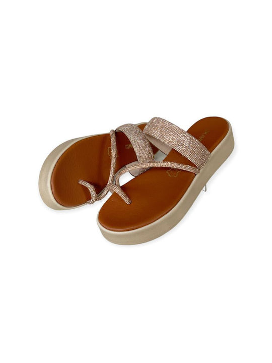 Gkavogiannis Sandals Δερμάτινα Γυναικεία Σανδάλια Flatforms σε Χρυσό Χρώμα