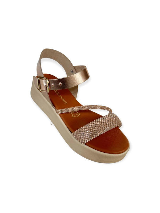Gkavogiannis Sandals Flatforms Handmade Leather Women's Sandals with Strass Gold