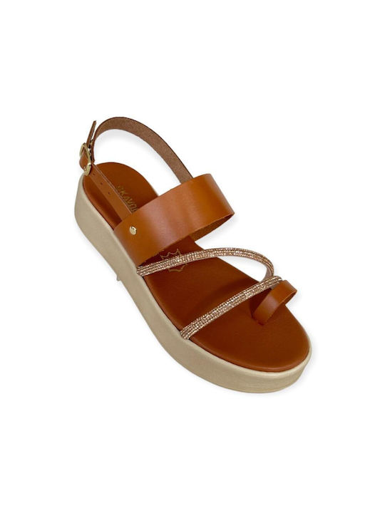 Gkavogiannis Sandals Δερμάτινα Γυναικεία Σανδάλια Flatforms σε Ταμπά Χρώμα