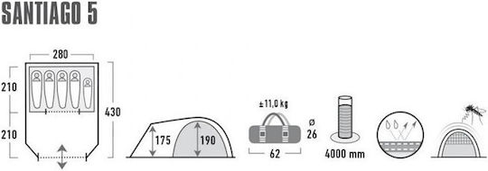 High Peak Santiago 5.0 Winter Camping Tent Tunnel Grey With Double Cloth For 5 People 430x280x190cm