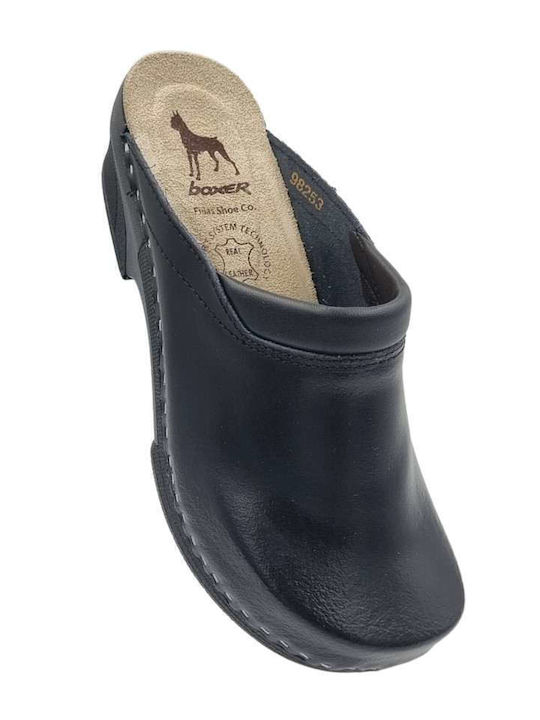 Boxer Damen Leder Anatomisch Clogs Schwarz