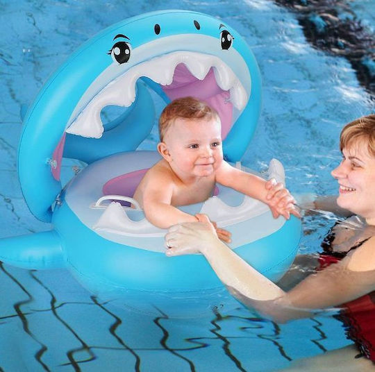 Kids Swimtrainer Float with Length 95cm and Sunshade for 3 Years and Up Light Blue Shark Shark