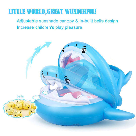 Kids Swimtrainer Float with Length 95cm and Sunshade for 3 Years and Up Light Blue Shark Shark