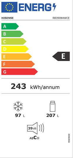 Hisense 304лт В186xШ59.5xД59см. Inox RB390N4WCE