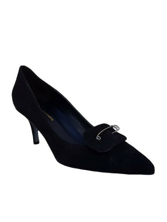 S.Piero Suede Pointed Toe Black Heels -BLACK