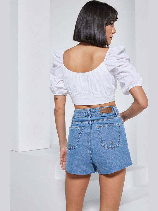 Juicy Women's Summer Crop Top with 3/4 Sleeve & V Neckline White